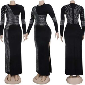 Black Sparkle Bodycon Maxi Slit Dress Long Sleeve